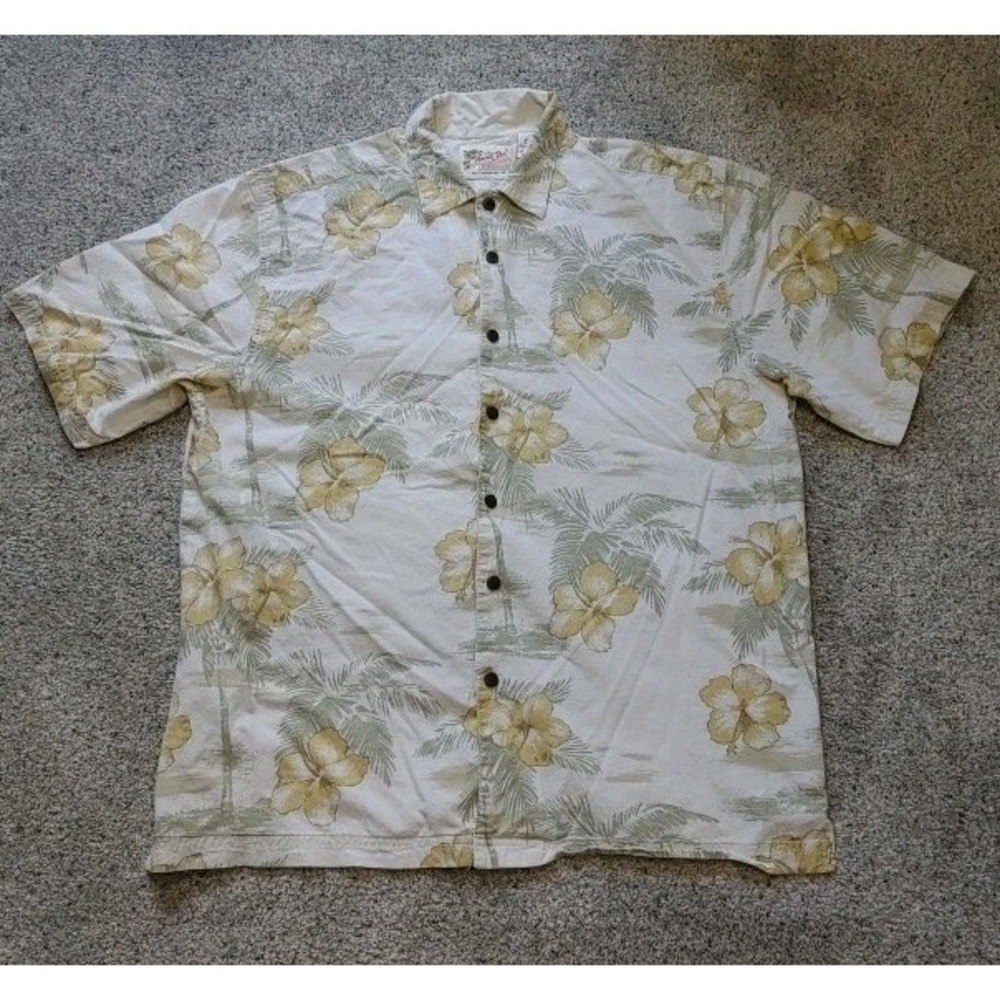 90s Resortwear Hawaiian Shirt Mens L Beige Thumbs Up Hisbiscus Vacation Cotton